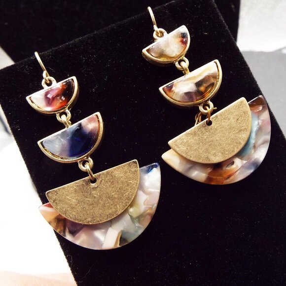 MIXED COLOR ACRYLIC "CRESCENT" SHAPED W/ BRASS DANGLY PIERCED EARRINGS 18 - Picture 1 of 2